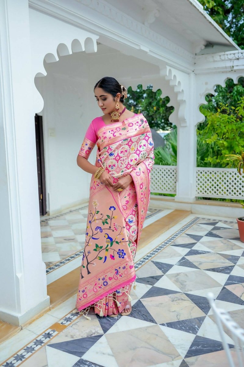 Aastha Fashion Off White Woven Paithani Silk Saree with Blouse - Distacart