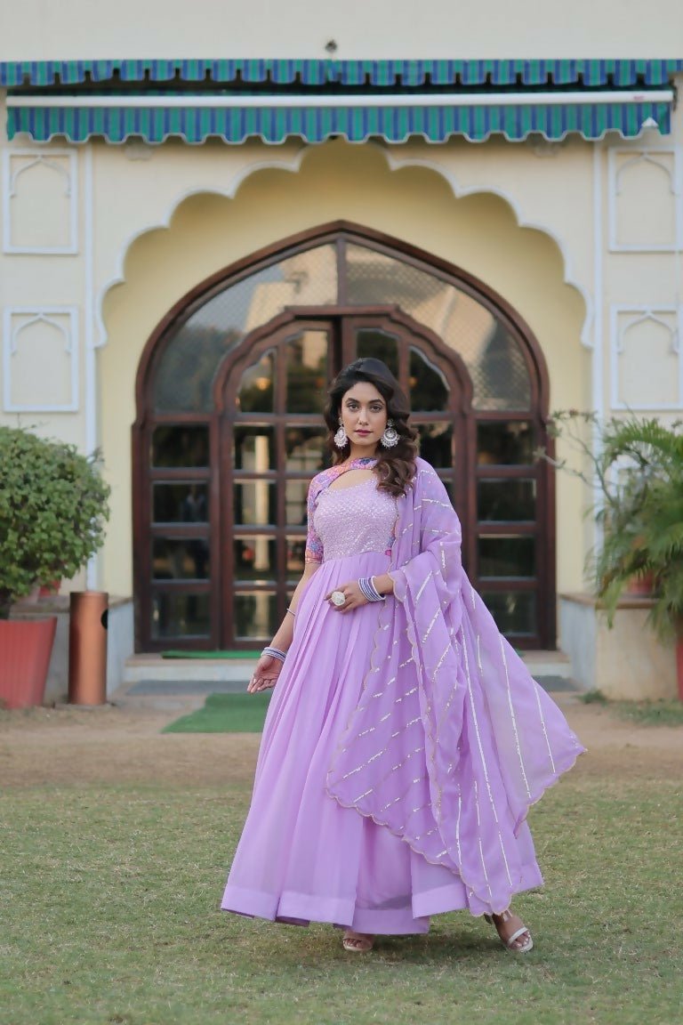 Aastha Fashion Lavender Faux Georgette Printed Gown With Pant