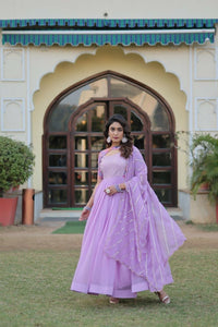Thumbnail for Aastha Fashion Lavender Faux Georgette Printed Gown With Pant