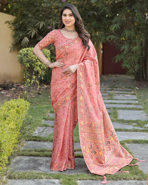Vastranavya Luxury and Beautiful Soft, Smooth, Flowing Original Pashmina Soft Cotton Saree with Matching Blouse Fabric - Peach - Distacart