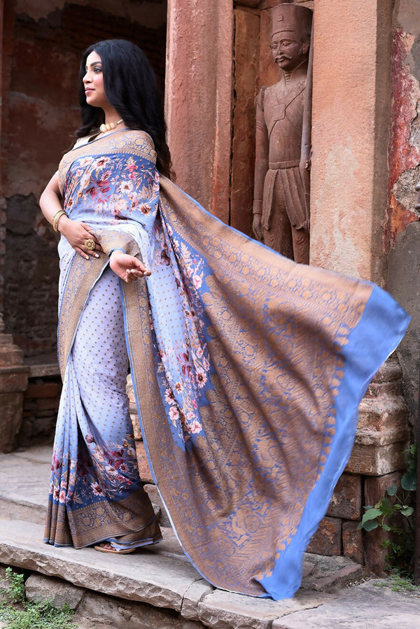 Joban Fashion Dusty Blue Crepe Chiffon Pure Handloom Banarasi Silk Saree