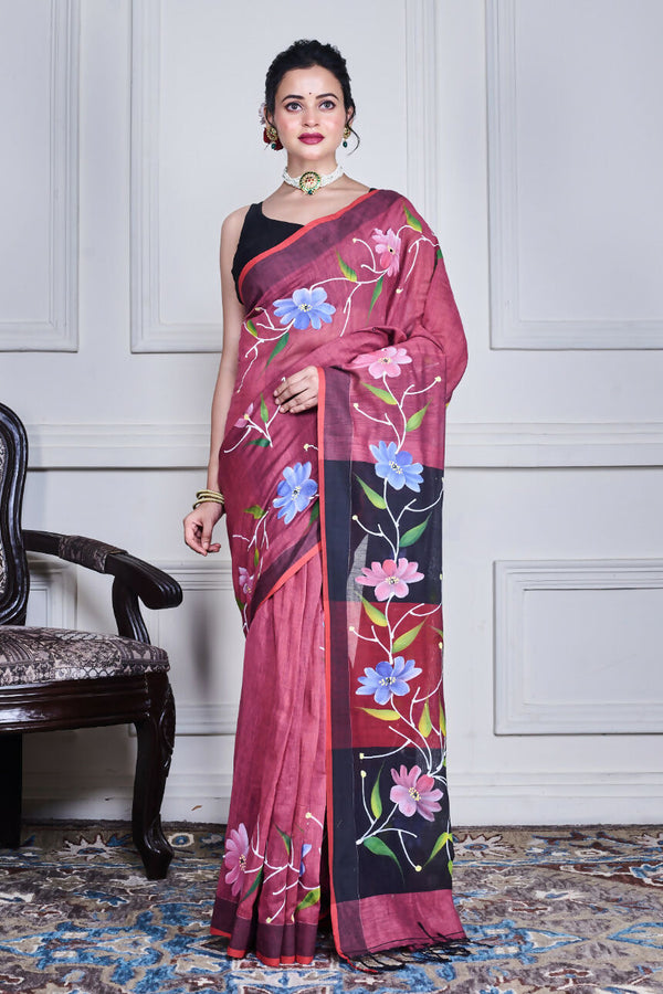 Morchari Multicolour Cotton Handloom Mirror Work Saree Unstitched Blouse