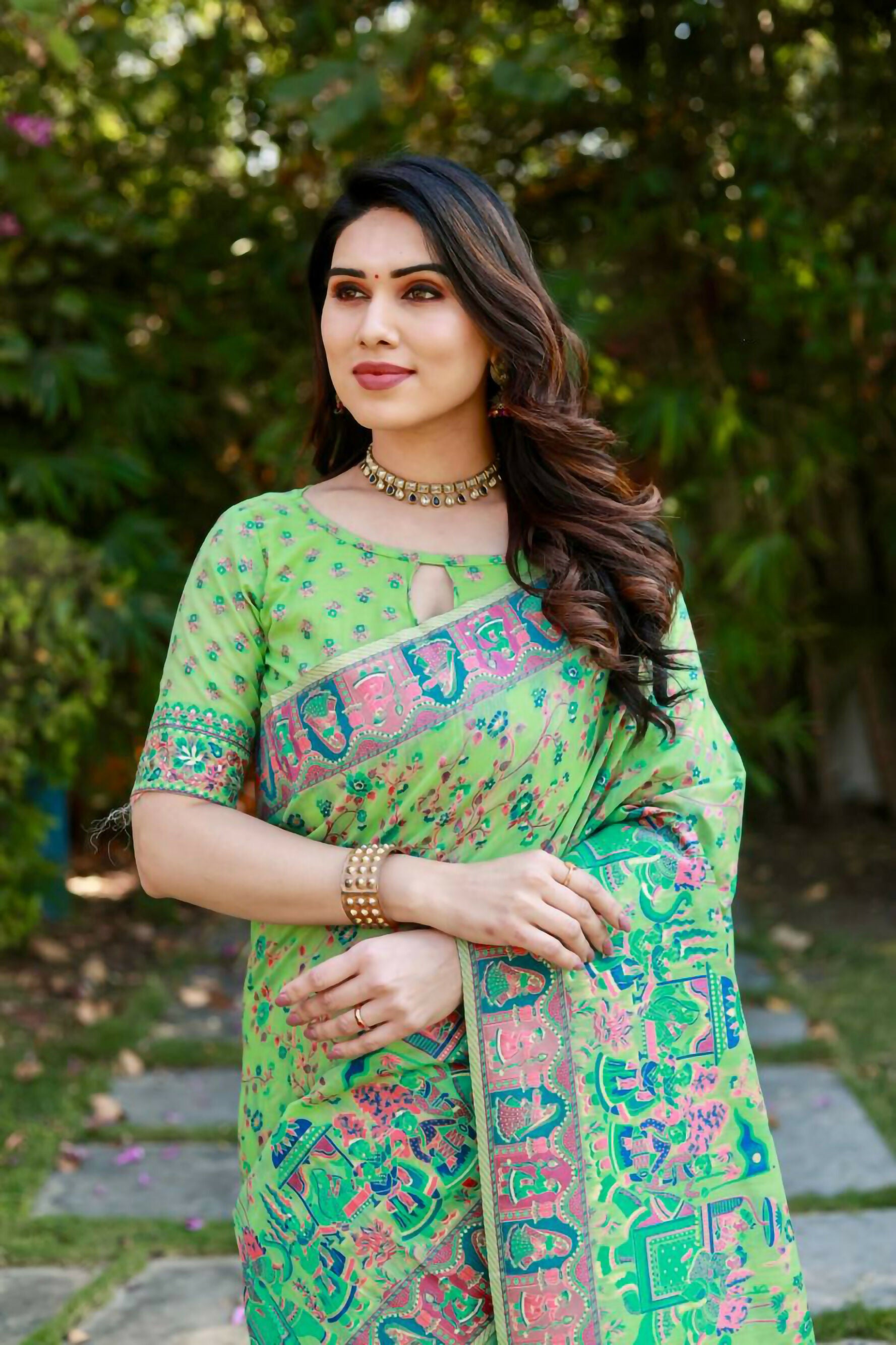 Vastranavya Luxury and Beautiful Soft, Smooth, Flowing Original Pashmina Soft Cotton Saree with Matching Blouse Fabric - Pista - Distacart