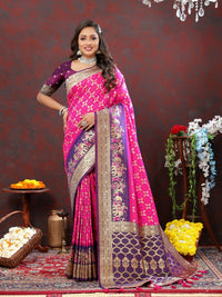 Thumbnail for Vastranavya Pink Soft Patola Silk With Meenakari Weaving Motifs And Rich Zari Weaving Pallu Saree With Matching Blouse Fabric - Distacart