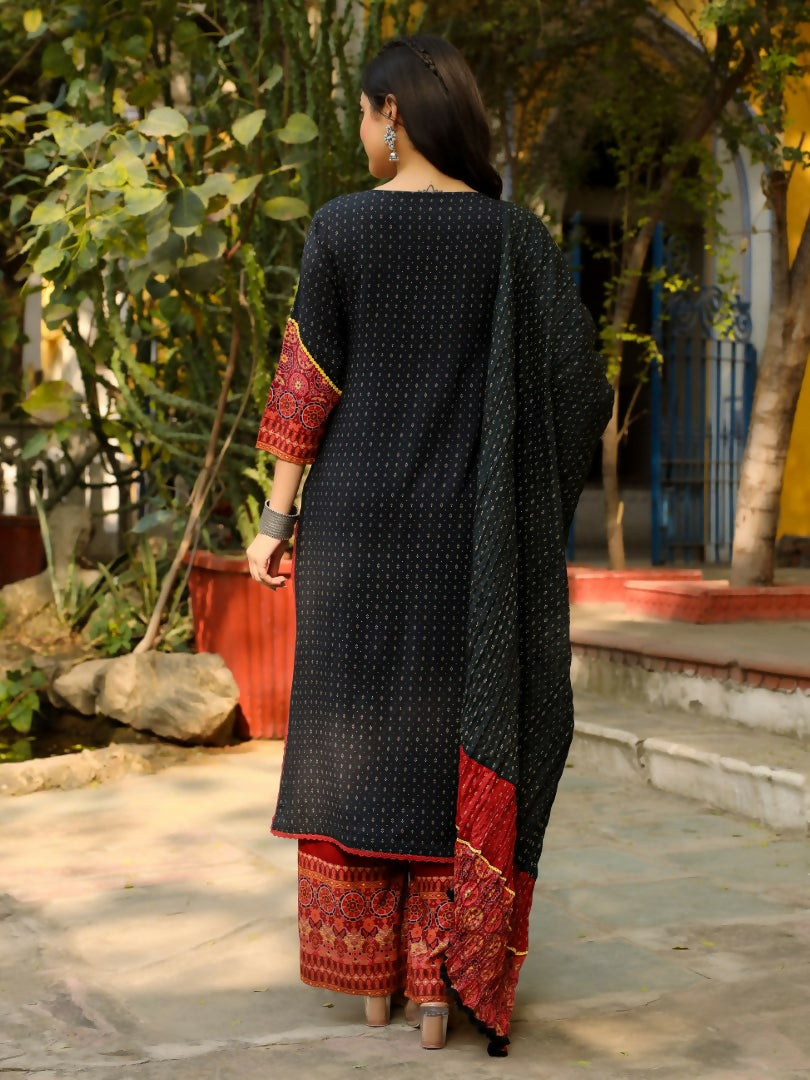 Juniper Black Ethnic Motif Placement Printed Rayon Kurta With Pant And Dupatta With Bead & Sequence Work - Distacart