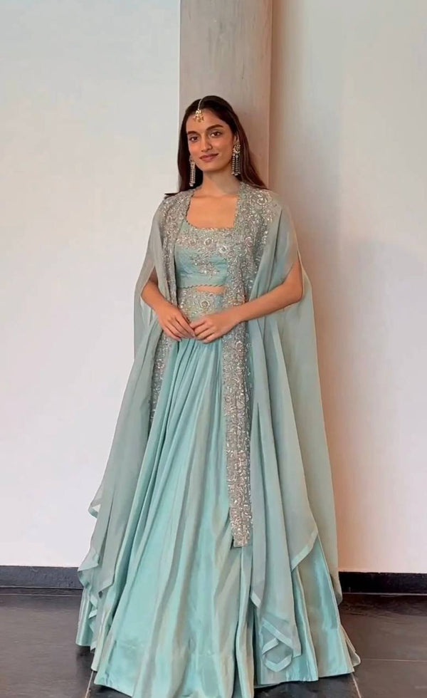 Prazu Fashion Light Sky Blue Chinon Silk Thread Sequence Wedding Lehenga Choli