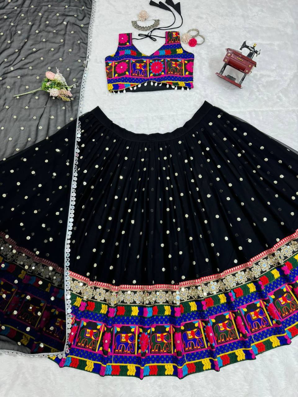 Prazu Fashion Black Georgette Sequence With Chainstich Navaratri Lehenga