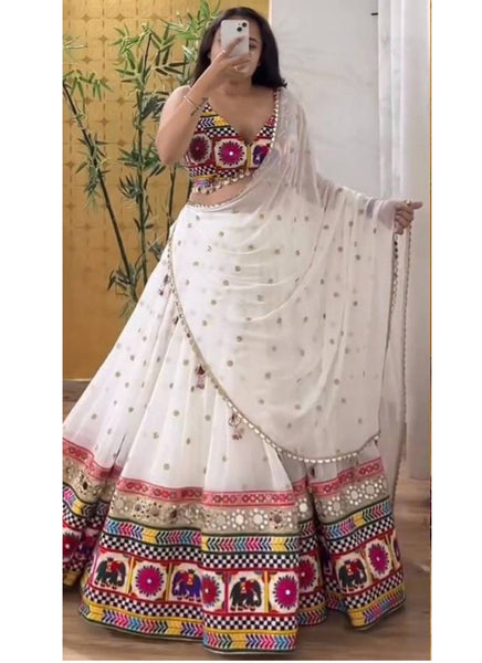 Prazu Fashion White Georgette Sequence With Chainstich Navaratri Lehenga
