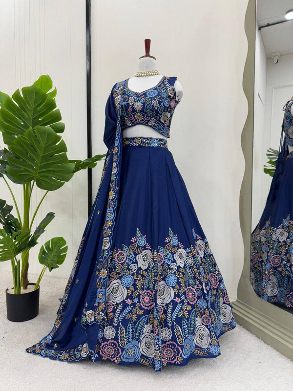 Prazu Fashion Blue Chinon Silk Thread Sequence Wedding Lehenga Choli