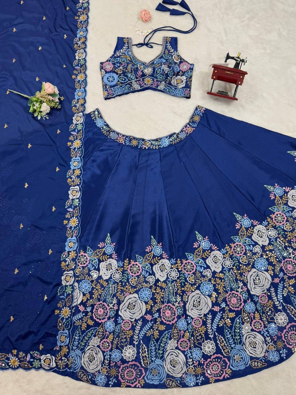Prazu Fashion Blue Chinon Silk Thread Sequence Wedding Lehenga Choli