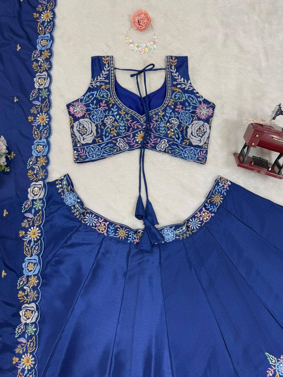 Prazu Fashion Blue Chinon Silk Thread Sequence Wedding Lehenga Choli