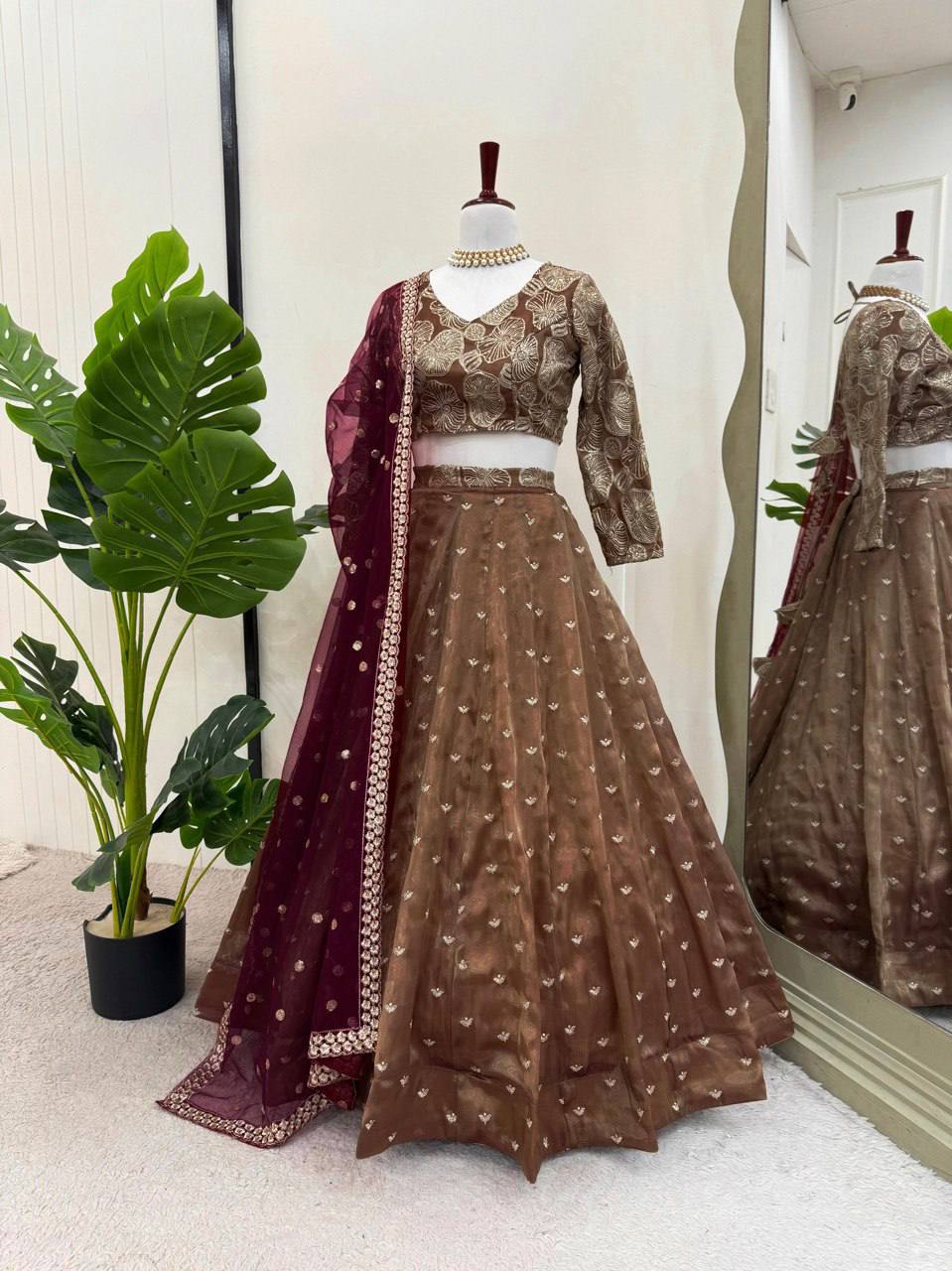 Prazu Fashion Coffee Jimi Choo Thread Sequence Lehenga Choli