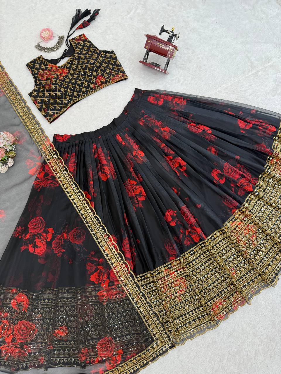 Prazu Fashion Black Organza Digital Printed Lehenga Choli