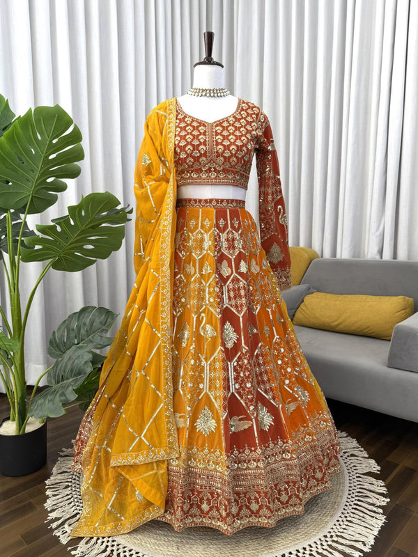 Prazu Fashion Orange Georgette Thread Sequence Wedding Lehenga Choli