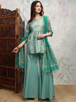 Thumbnail for Vishudh Floral Printed Keyhole Neck Anarkali Kurta with Sharara & Dupatta - Distacart