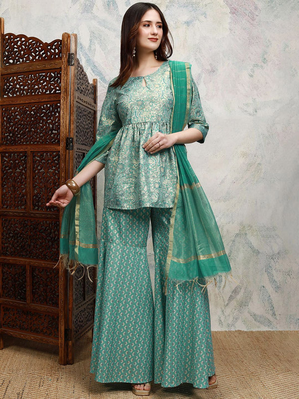 Vishudh Floral Printed Keyhole Neck Anarkali Kurta with Sharara & Dupatta - Distacart