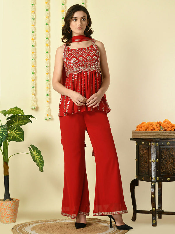Myshka Women's Red Georgette Top & Palazzos With Dupatta Party Sets - Distacart