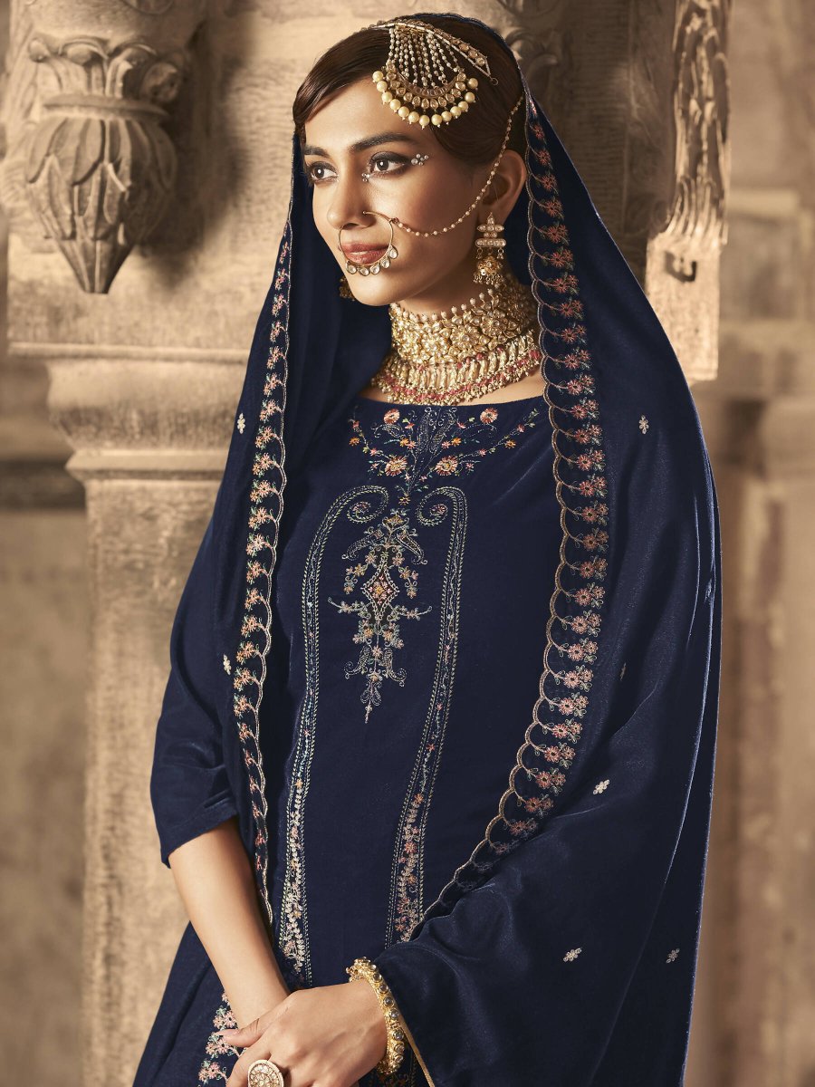 Aastha Fashion Women's Navy Blue Velvet Floral Resham Thread with Jari work Kurta with Trouser & Dupatta - Distacart