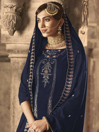Thumbnail for Aastha Fashion Women's Navy Blue Velvet Floral Resham Thread with Jari work Kurta with Trouser & Dupatta - Distacart