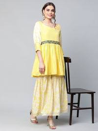 Thumbnail for Ahalyaa Women Yellow Crepe Floral Short Kurta with Sharara Set - Distacart