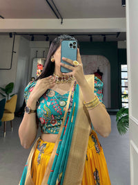 Thumbnail for Vastranavya Kalamkari Print With Weaving Border Lehenga with Unstitched Blouse - Yellow