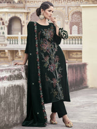 Thumbnail for Aastha Fashion Women's Green Velvet Resham Thread with Jari & Sequin Kurta with Trouser & Dupatta - Distacart