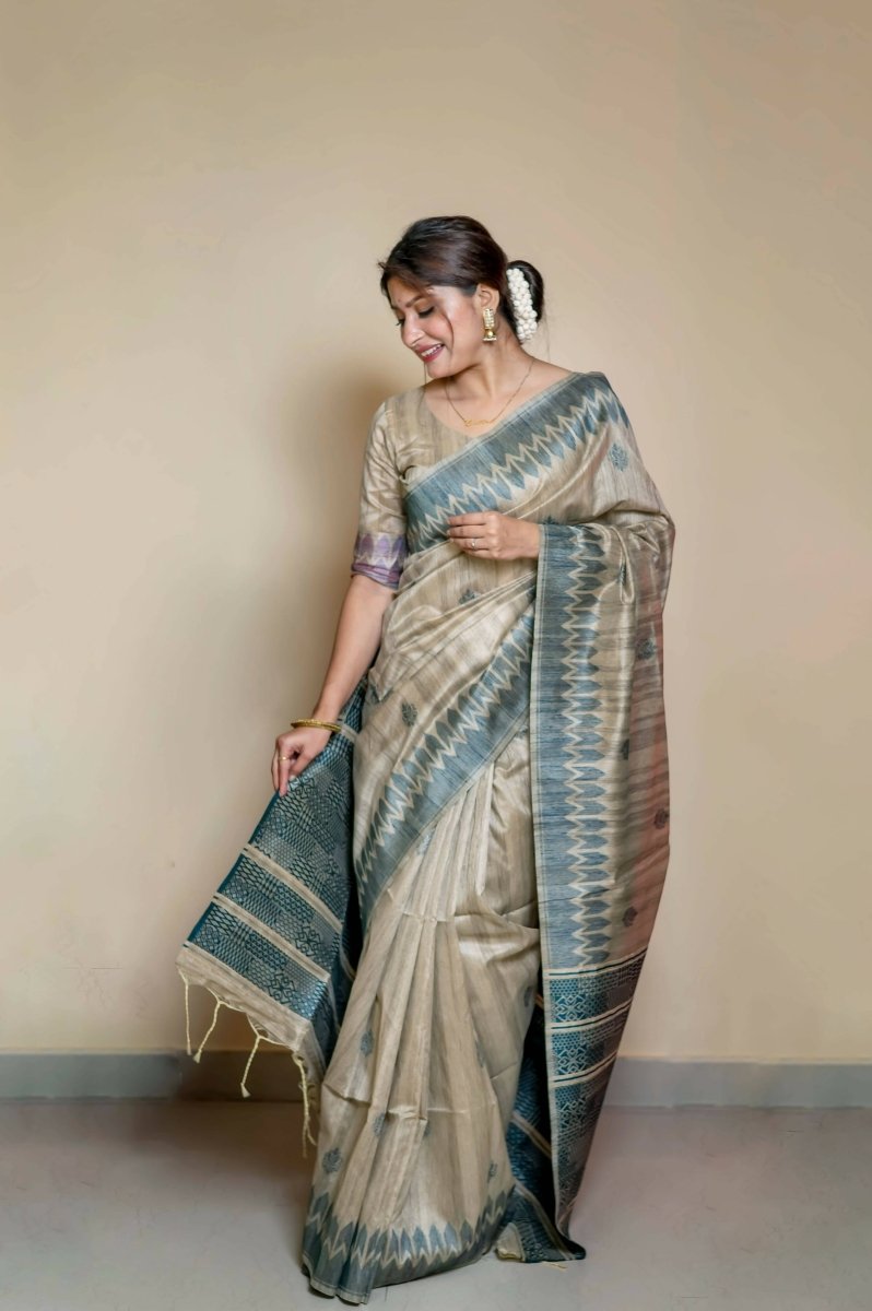 Aastha Fashion Teal Thread Woven Handloom Tussar Silk Saree with Blouse - Distacart