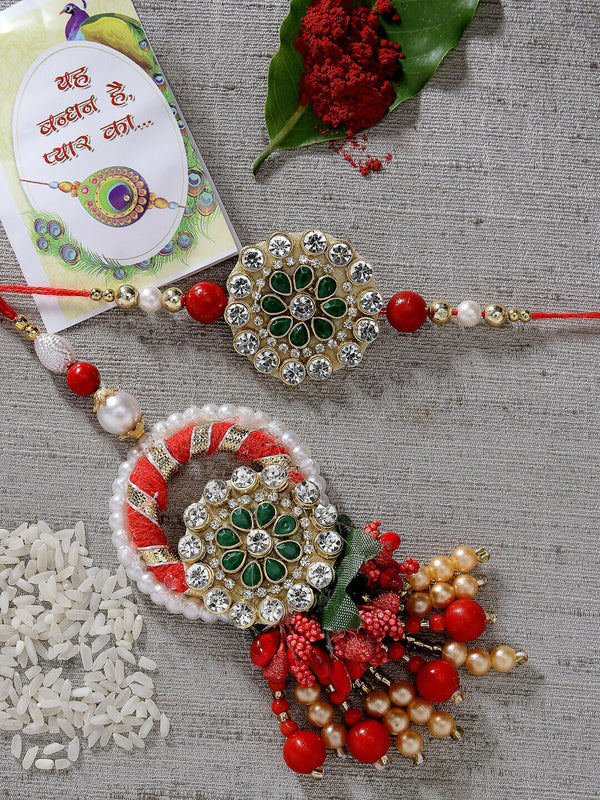 NVR Women & Men Set of 2 Red & Gold Toned Stone-Studded & Beaded Bhaiya Bhabhi Rakhi With Roli Chawal & Chocolate - Distacart