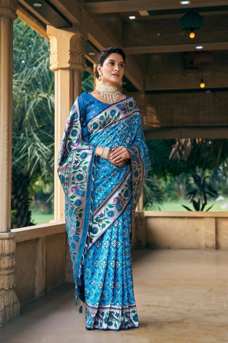 Aastha Fashion Teal Woven Patola Silk Saree with Blouse - Distacart