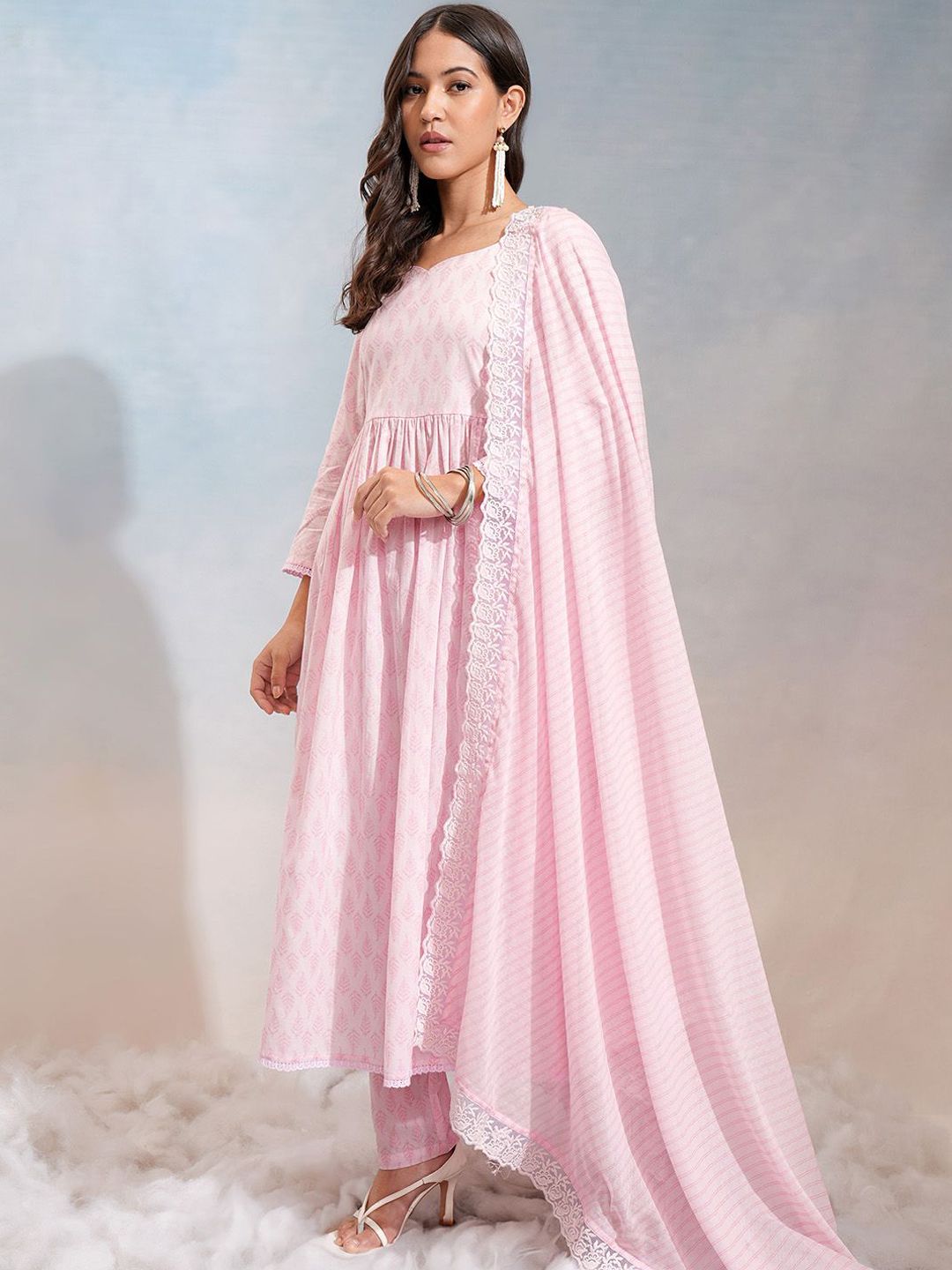 Vishudh Pink Ethnic Motifs Printed Pure Cotton Anarkali Kurta With Trousers & Dupatta - Distacart