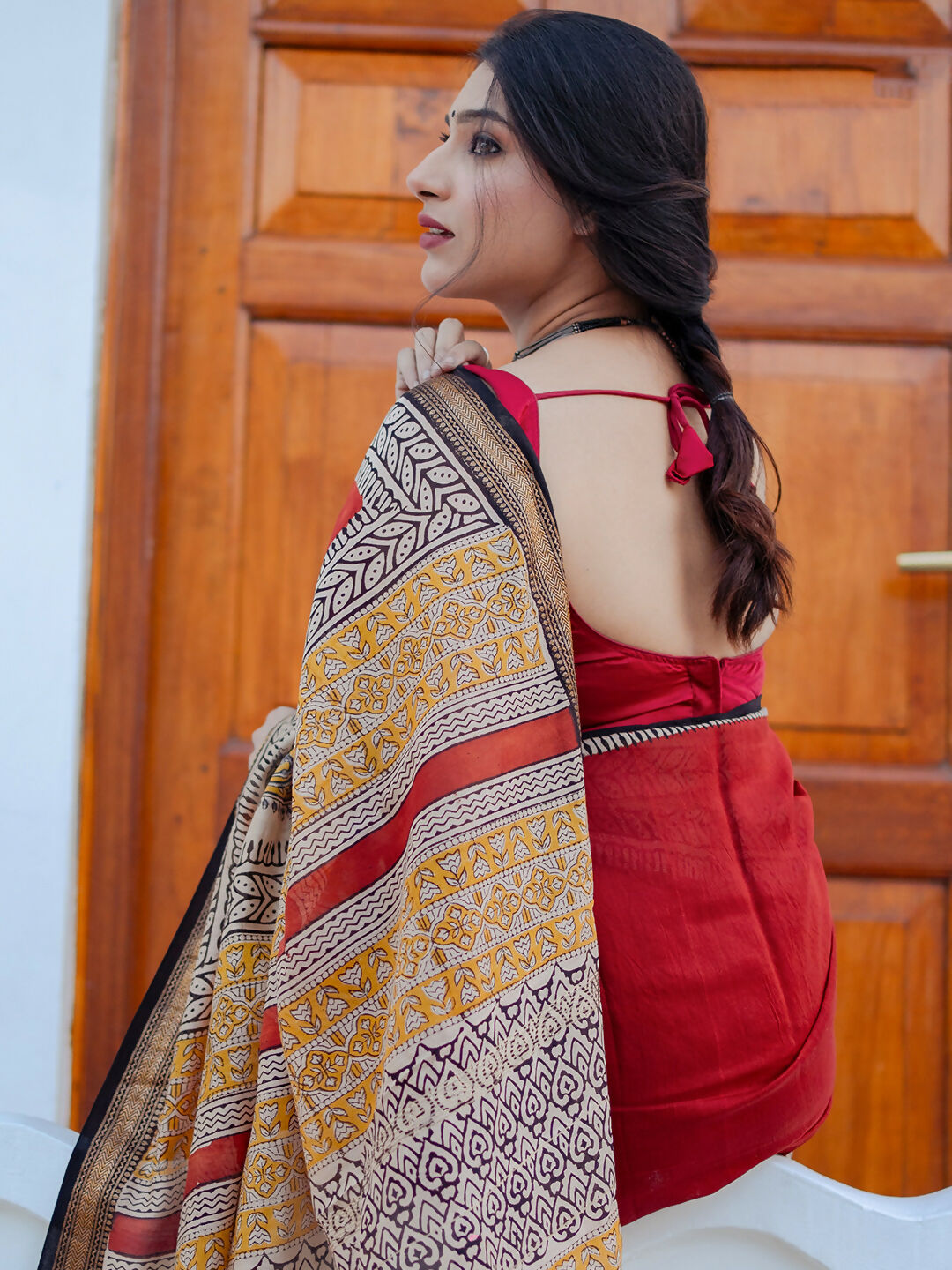 Zibaa Hand-Blocked Pure Maheshwari Silk Red Saree