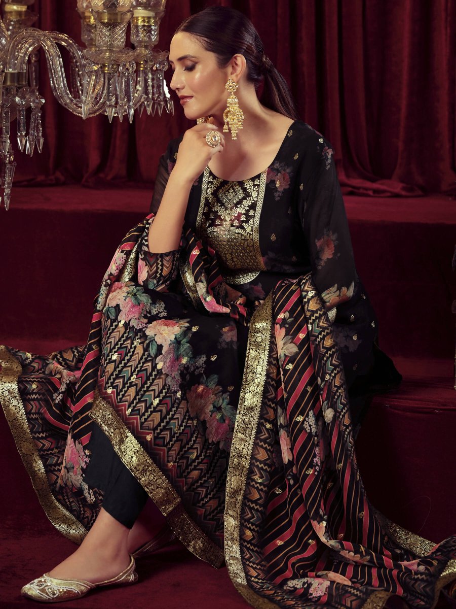Aastha Fashion Women's Black Organza Jacquard Woven Kurta with Trouser & Dupatta - Distacart