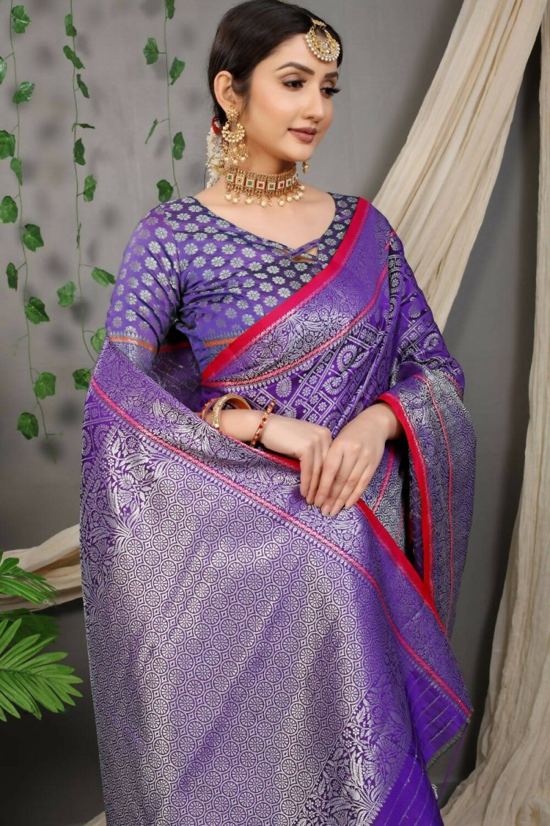 Aastha Fashion Purple Woven Kanchipuram Silk Saree with Blouse - Distacart