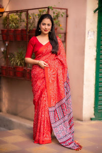 Thumbnail for Red Silk Blend Ajrak Saree with Unstitched Blouse - A2M