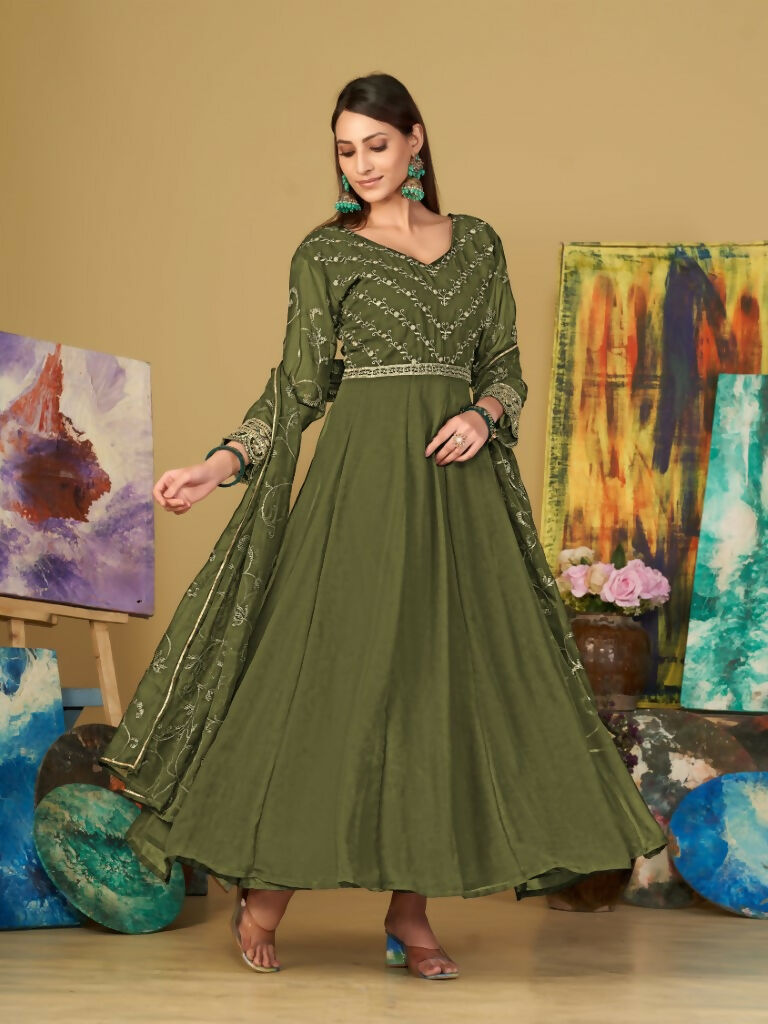 Jyoti Fashion Women's Olive Green Georgette Embroidered Anarkali Kurta Pant Set With Dupatta