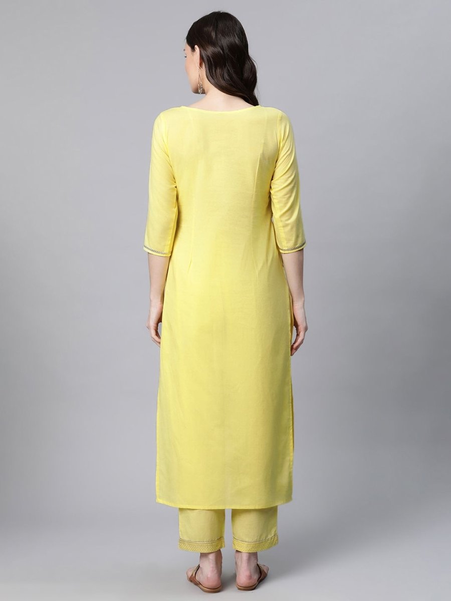 Ahalyaa Women Yellow Pure Cotton Printed Floral Kurta With Trousers - Distacart