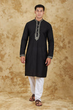 Thumbnail for Bluesaanchi Men's Sunshine Handwoven Embroidered Black Kurta Set - Distacart