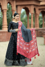 Thumbnail for Vastranavya Navaratri Collection Myra Silk Lehenga & Blouse With Maslin Crochet Printed Dupatta Set - Black - Distacart