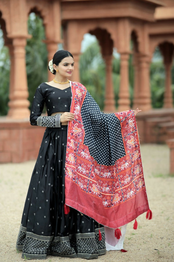 Vastranavya Navaratri Collection Myra Silk Lehenga & Blouse With Maslin Crochet Printed Dupatta Set - Black - Distacart