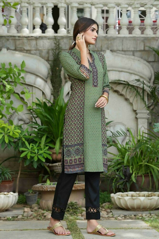 Juniper Green Ethnic Motif Printed Rayon calf length Kurta with Beads & Gota Work - Distacart