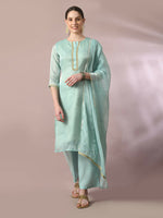 Thumbnail for Myshka Women's Sea Green Solid Straight Party Kurta Set With Dupatta - Distacart