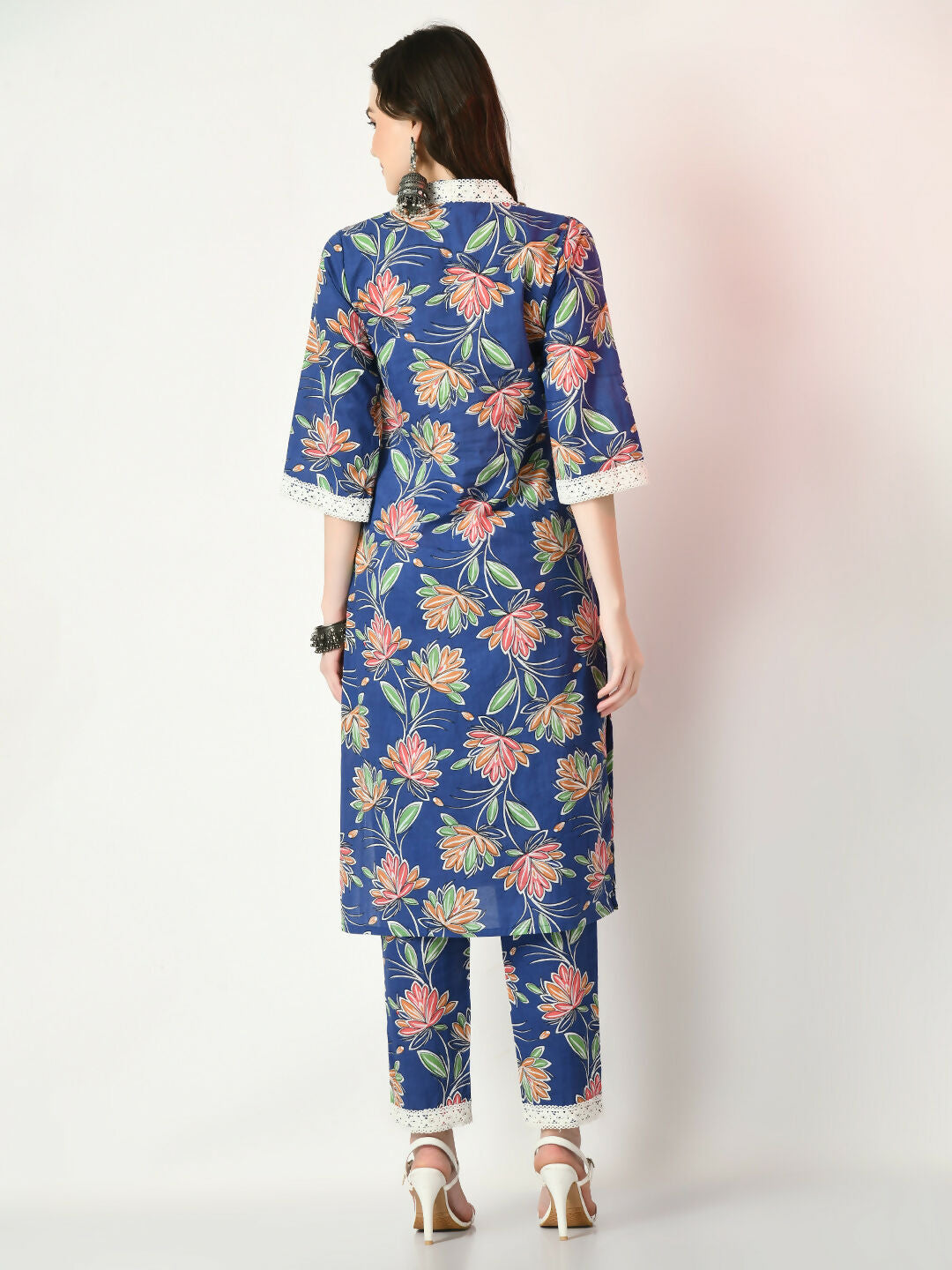 Myshka Women's Blue Printed Kurta With Trousers - Distacart