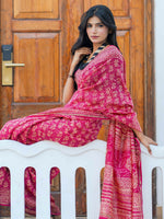 Thumbnail for Zibaa Hand-Blocked Pure Chanderi Silk Pink Saree