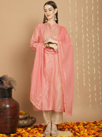 Thumbnail for Jyoti Fashion Women's Peach Chanderi Silk Elegant Jardoshi Semi Kurta with Trouser & Dupatta - Distacart
