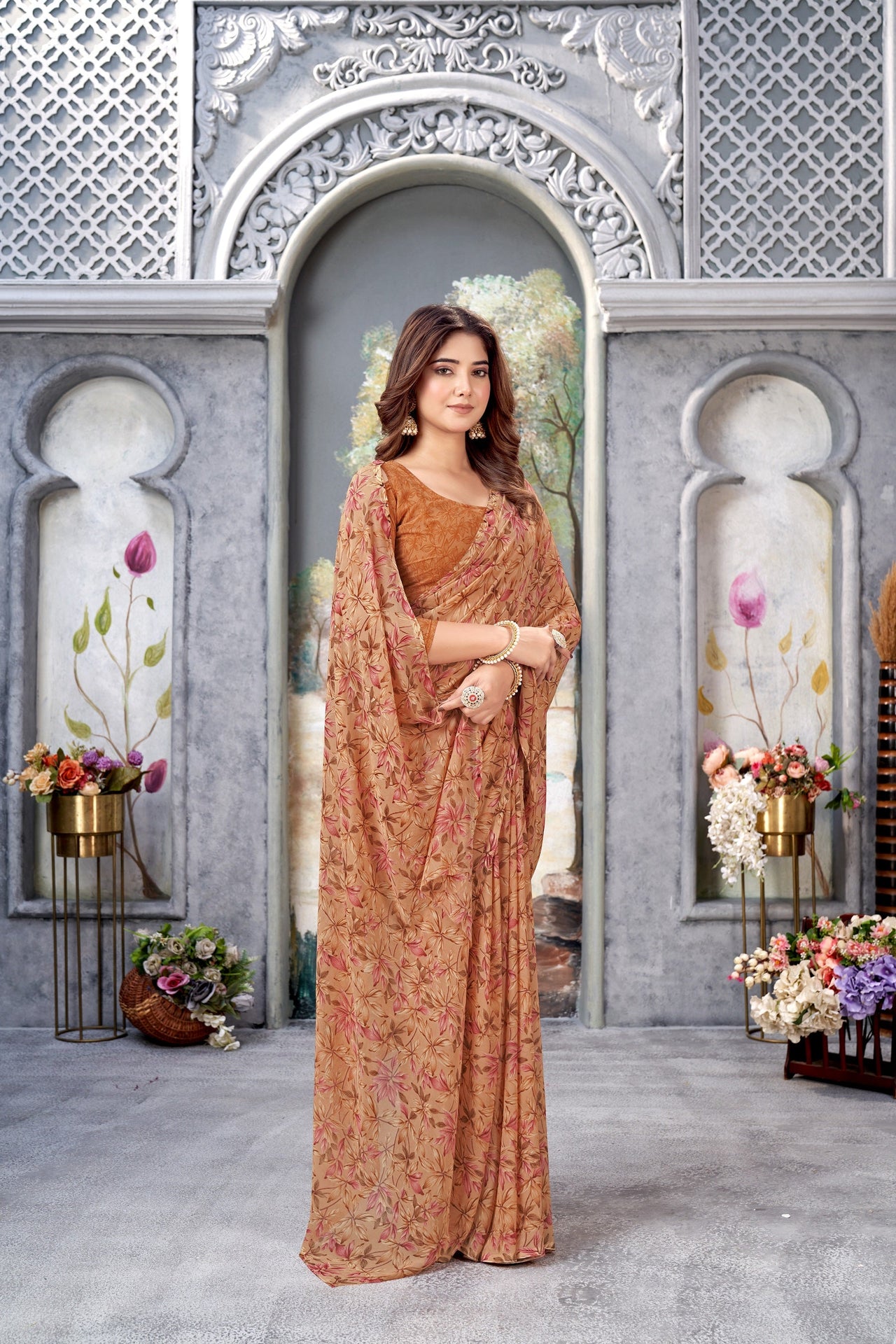 NOZ2TOZ Women Casual Wear Printed Weight Less Saree with Unstitched Blouse - Brown