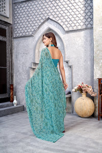 Thumbnail for NOZ2TOZ Women Casual Wear Printed Weight Less Saree with Unstitched Blouse - Blue