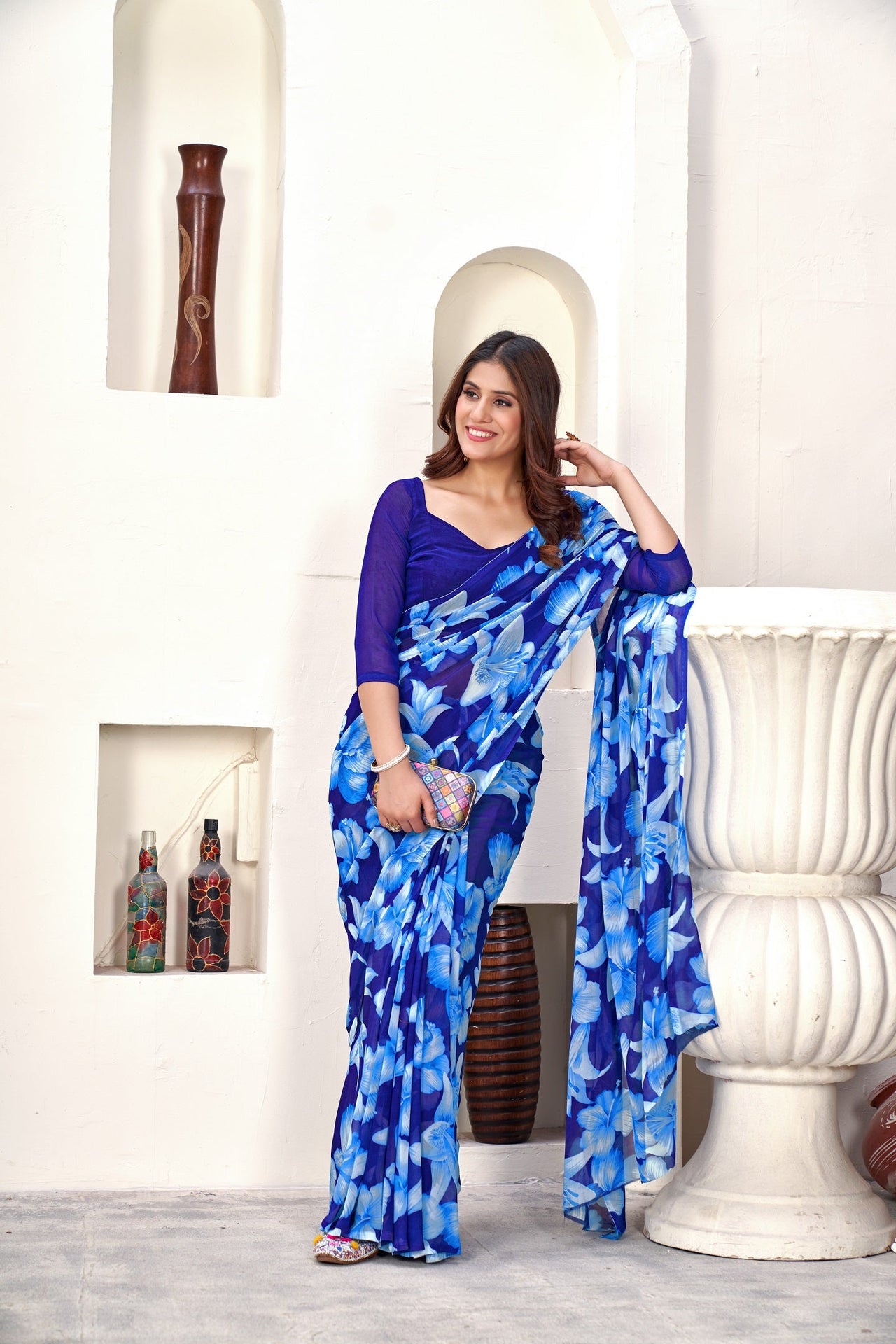 NOZ2TOZ Women Casual Wear Printed Weight Less Saree with Unstitched Blouse - Blue