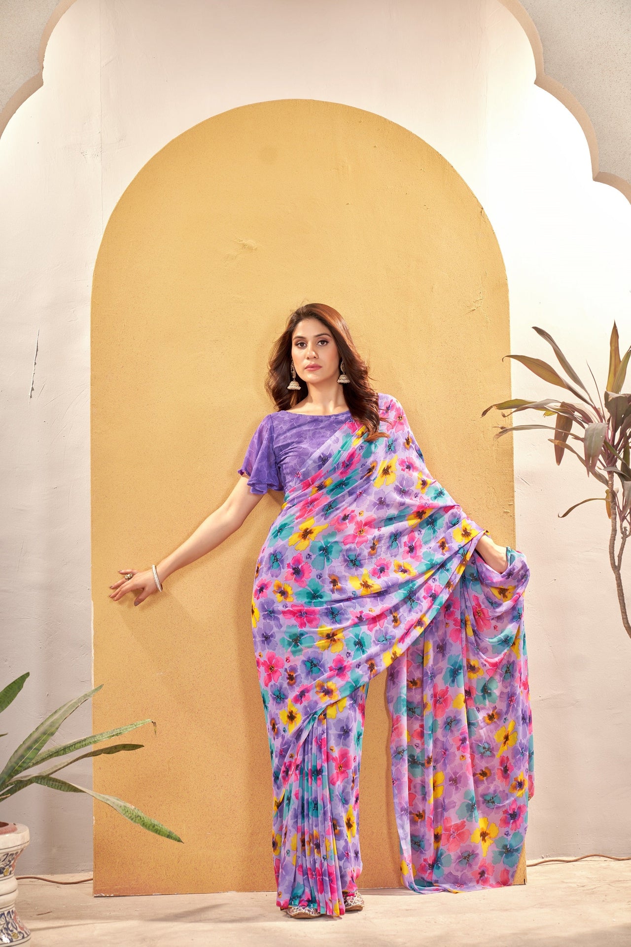 NOZ2TOZ Women Casual Wear Printed Weight Less Saree with Unstitched Blouse - Purple