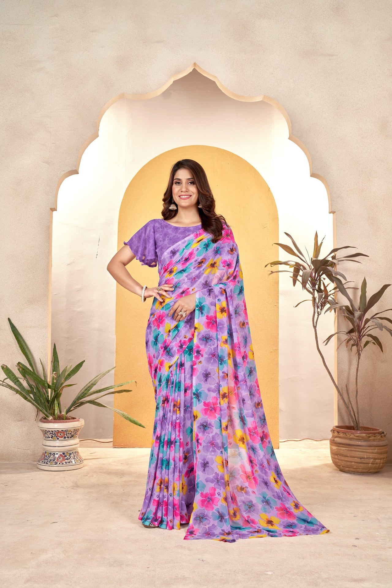 NOZ2TOZ Women Casual Wear Printed Weight Less Saree with Unstitched Blouse - Purple