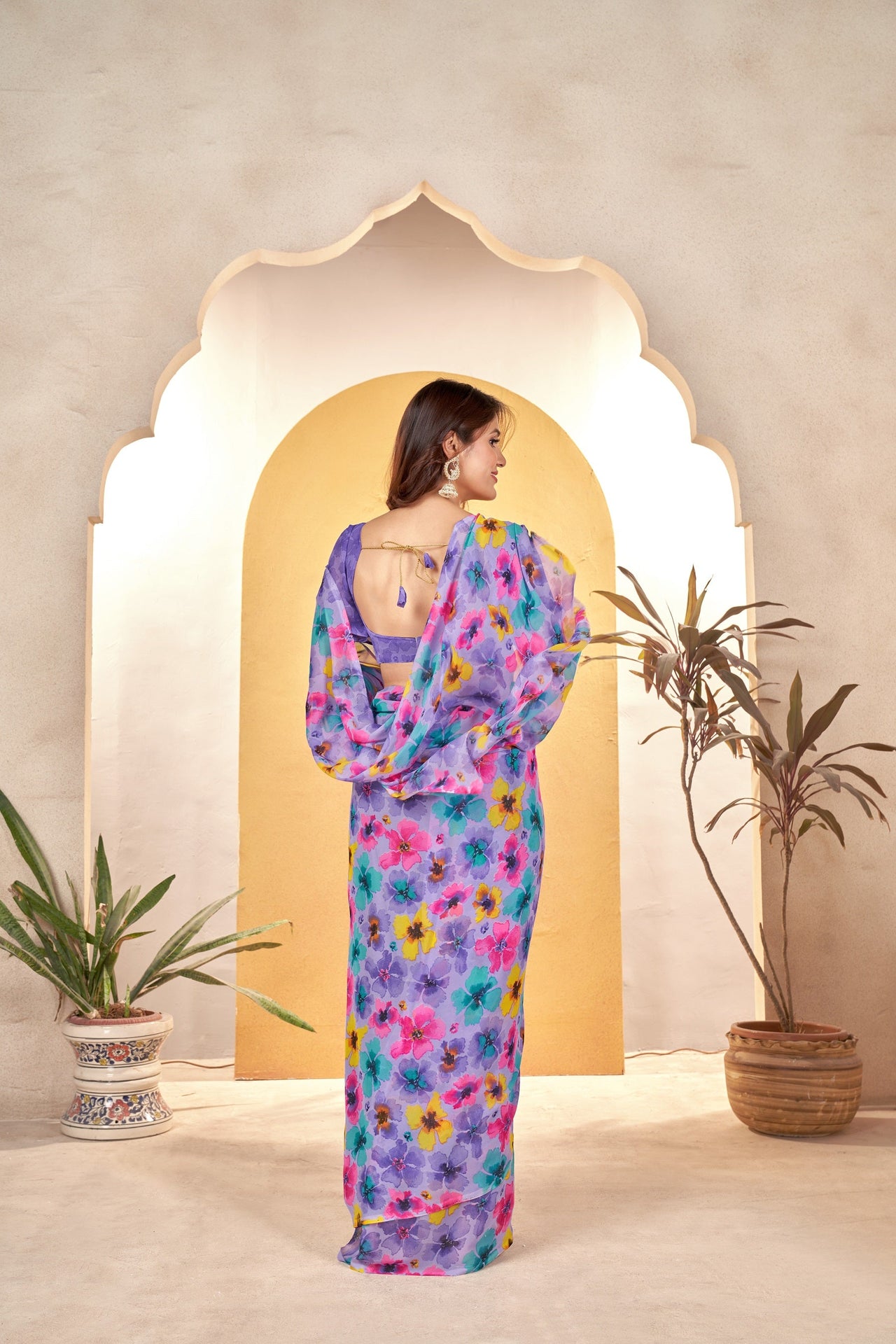 NOZ2TOZ Women Casual Wear Printed Weight Less Saree with Unstitched Blouse - Purple